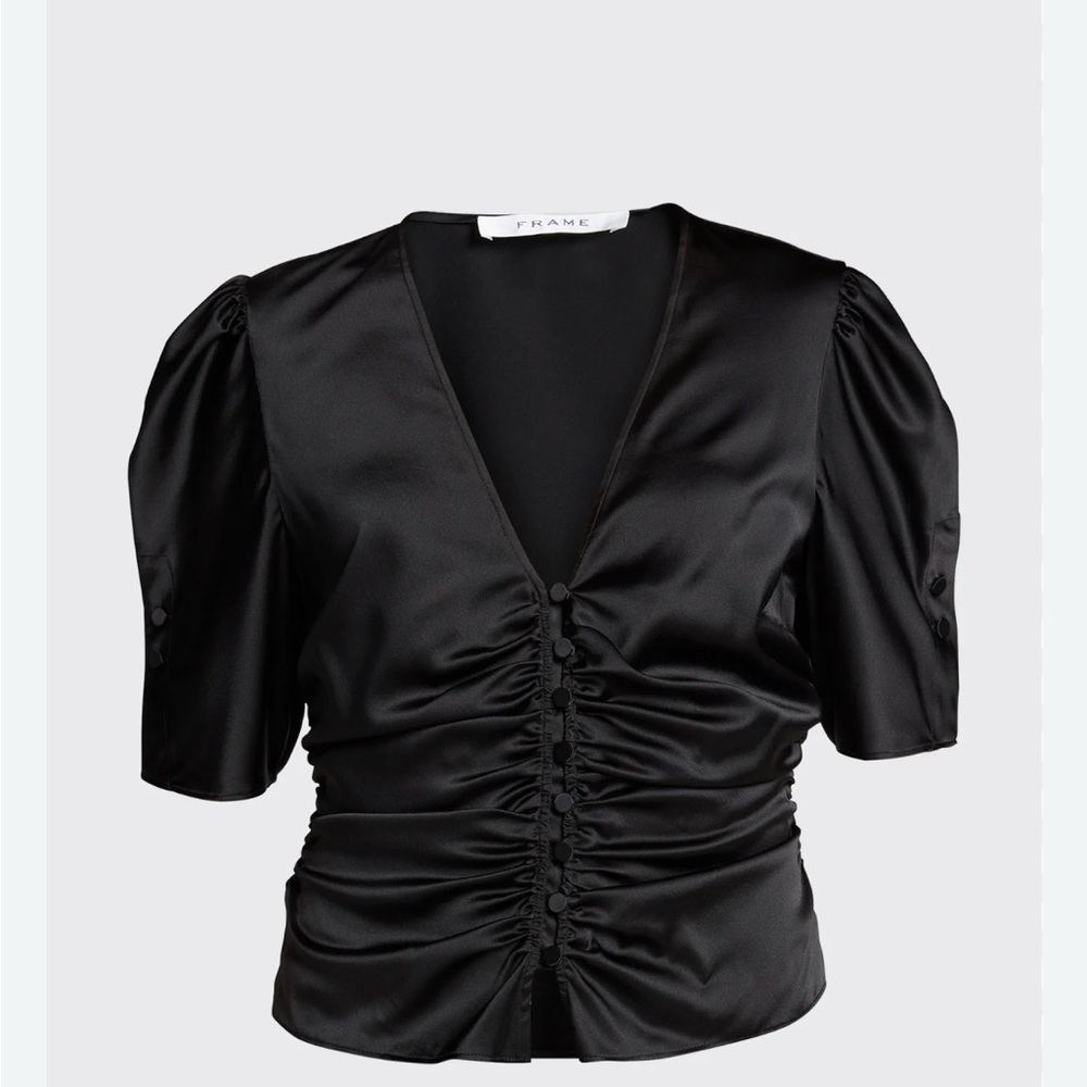 Frame Denim Black Satin V-Neck Ruched Button Top
